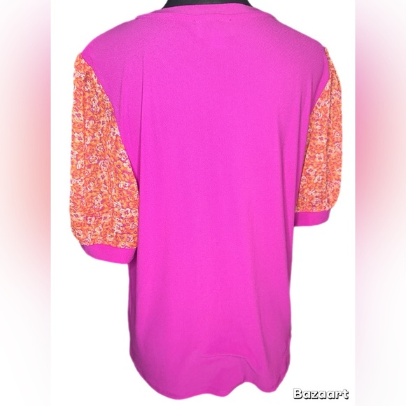 CeCe Pink Top with Orange Floral Sleeves - Picture 4 of 10